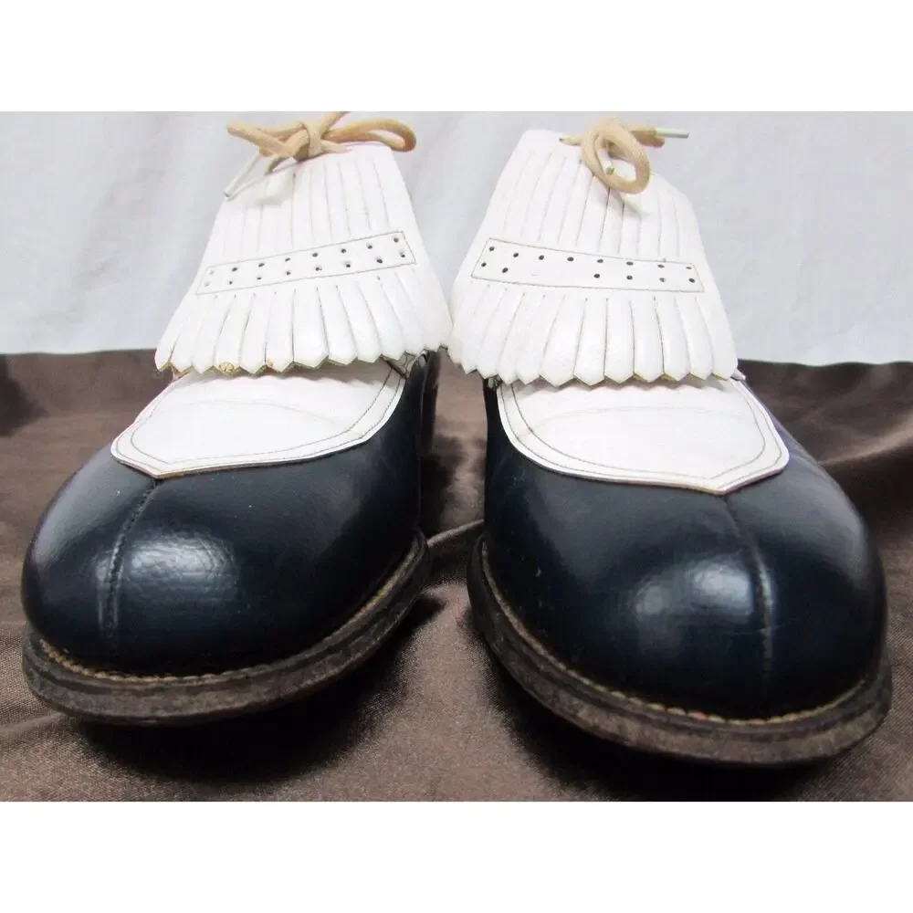 VINTAGE DUPONT CORFAM BLACK WHITE WINGTIP GOLF SHOES WITH CLEATS 6